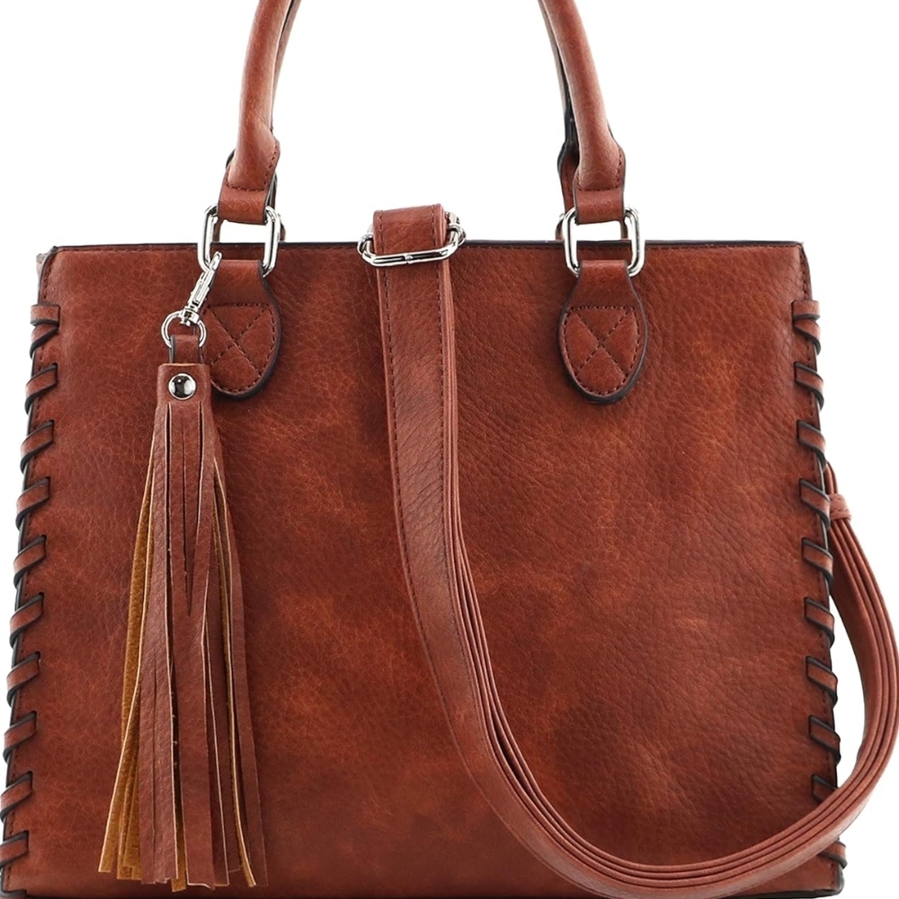 Chic Brown Suede Satchel with Tassel and Whipstitch